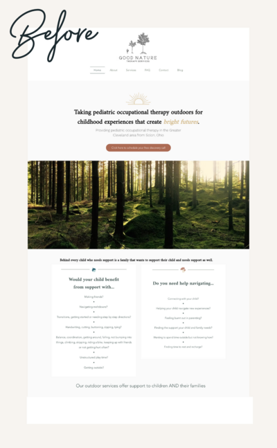 Before image of Good Nature Therapy’s website, illustrating the original design before the redesign.