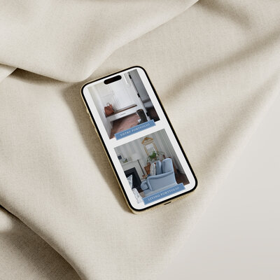 iPhone mockup of Prudence Home & Design Portfolio with neutral textile background