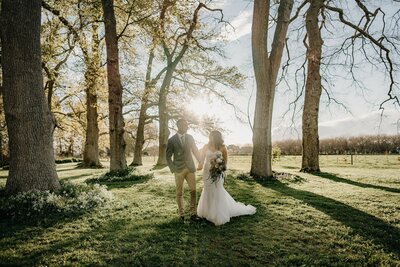 A bride and groom wearing their wedding attire photographed at sunset by Auckland wedding photographer Tashina Narelle