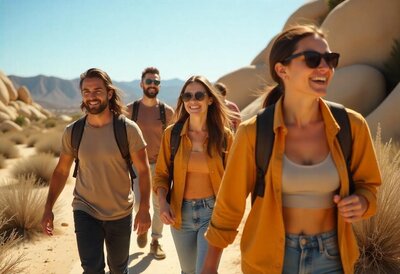 A group of friends hiking through a scenic desert trail, part of a luxury adventure getaway exploring hidden destinations in Southern California
