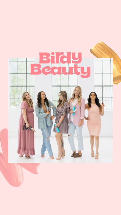 Image of the female hair and makeup artists of Birdy Beauty below the Birdy Beauty logo on a light pink background with paint swatches