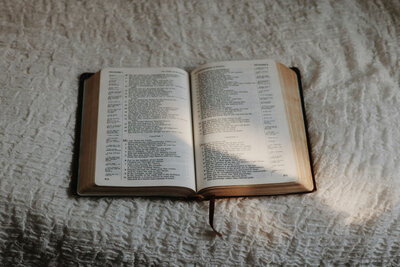 bible sitting on bedding