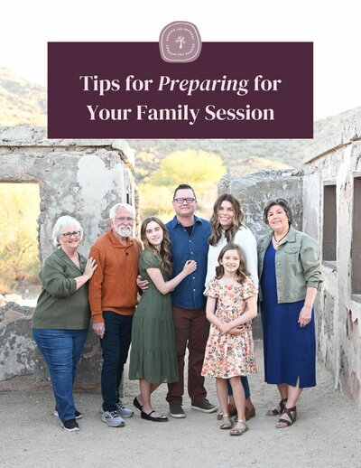 Mockup of a tips guide with a family picture on the front and text that reads "Tips for preparing for your family session"