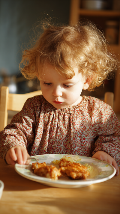 Toddler eating healthy chicken for dinner. 