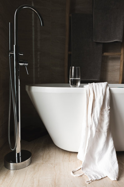 Amanda Wyeth Design| Stand Alone Bathtub Luxury Bathroom | Freestanding Bath Filler Mixer Taps