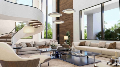 Bright living room with woven pendant lights and sleek furnishings in a luxury villa