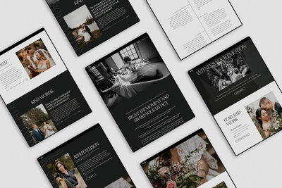 Mockup of custom moody custom Showit website for luxury wedding photographer and videographer. Website designed by Marque Creative Studio, Showit website designer based in Sarnia, ON