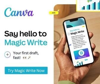 Canva logo, talks about magic write  AI tool, and shows a phone with magic write on the phone.