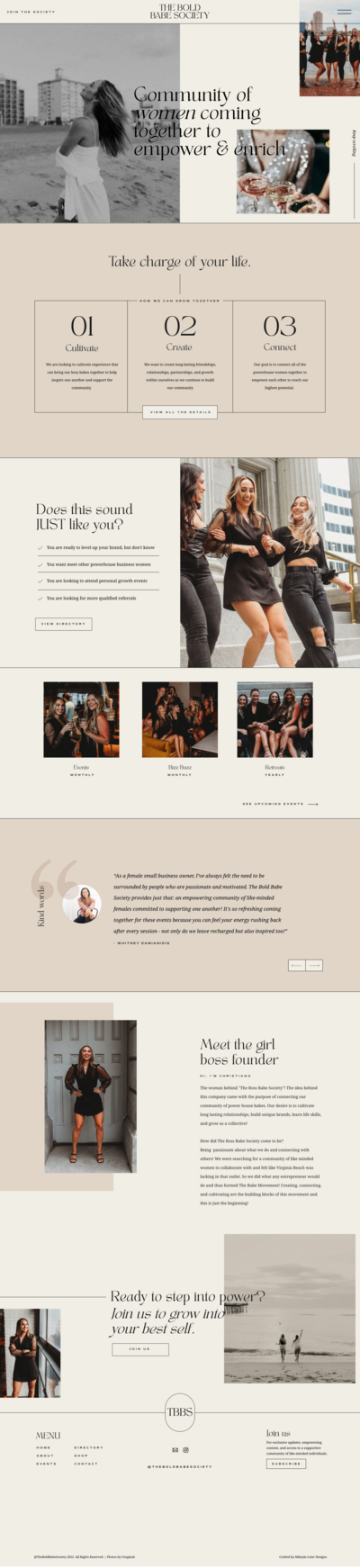 Full desktop view of The Bold Babe Society website design, created by The Aesthetic Edit, showcasing the layout, key sections emphasizing community and empowerment, and overall visual aesthetic.
