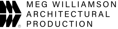 An industrial-style stacked MW logo representing Meg Williamson Architectural Production. The clean, simple font to the right highlights the company’s focus on high-end architectural photography and production services.