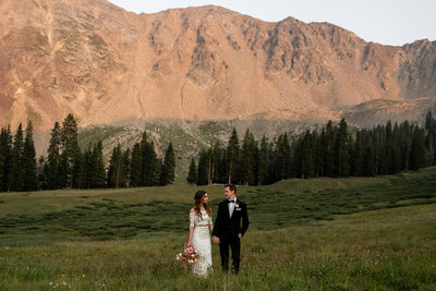 bride and groom standing in a field on a mountainside