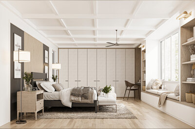 Morden bedroom with wooden storage in background