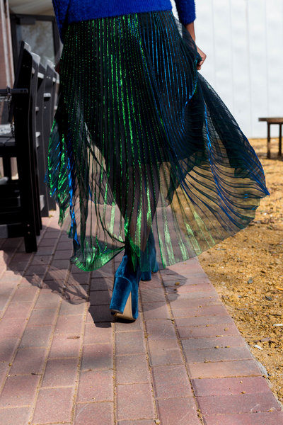 Iridescence blue and green skirt with blue suede boots