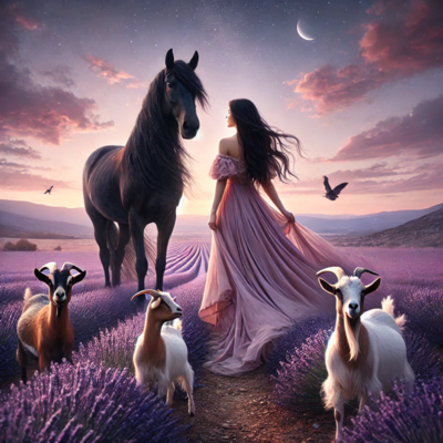 
Ethereal pink and purple sunset with woman looking at her tall dark horse surrounded by three goats in a lavender field, representing the Animal Alchemy Course. 
