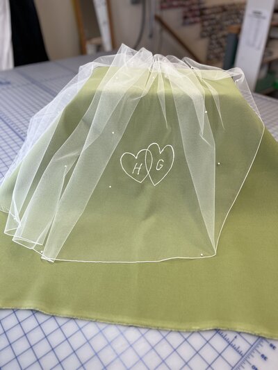 custom bridal veil embroidery with hearts and initials