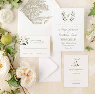 Classic custom wedding invitation suite with ivory florals