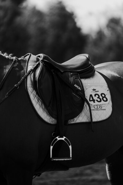 a black and white detail close up shot of a saddle and rider's number at a horse show captured by a private client photographer based in ontario