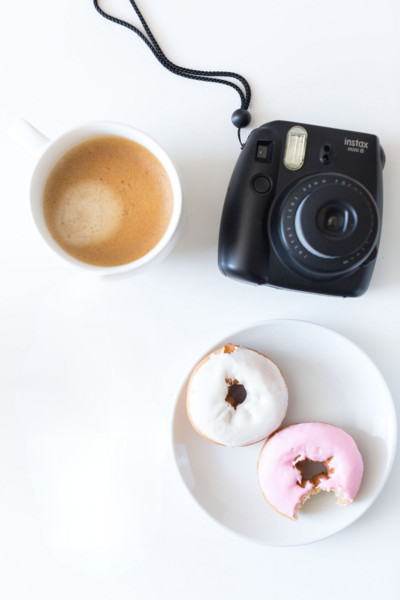 Coffee, camera, donut