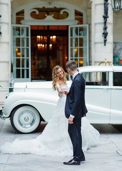 Bride and groom walk up memorial steps at their DC wedding