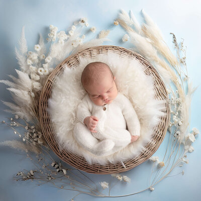 Newborn baby boy sleeping in a bucket wearing a tan  onesie