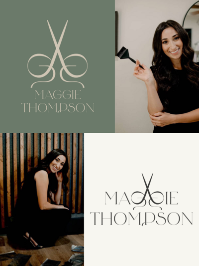 Stylist lifestyle photography paired with custom logo overlays and alternate brand marks.