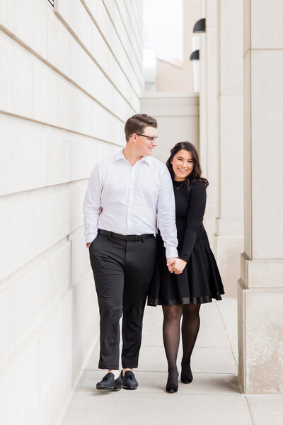 Classic black and white outfits for engagement photos