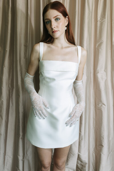 black and white image bride wearing strapless lace wedding dress