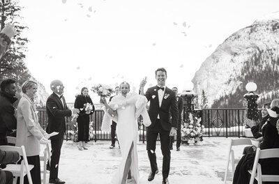 Banff Springs Terrace wedding ceremony recessional floral toss