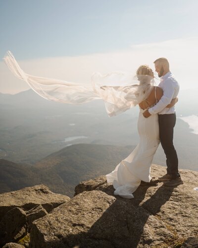 A veil blowing in the wind on top of Whiteface Mountain.