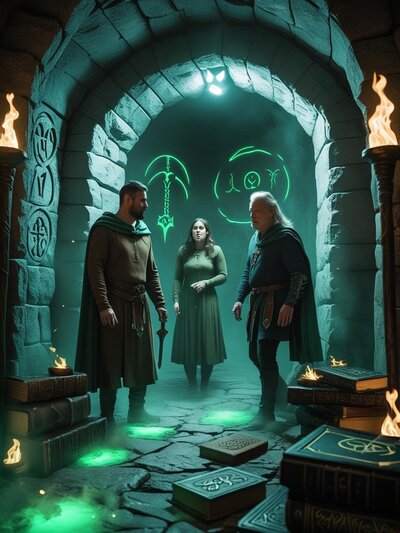 General decription____Cinematic scene inside an escape room themed environment. Include realistic lighting, shallow depth of field, high contrast, dramatic shadows, and immersive set design. Show a group of 2- (12)