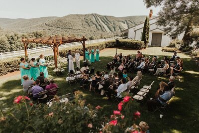 Overview of wedding ceremony with guests in their seats, Berkshire Farm Wedding