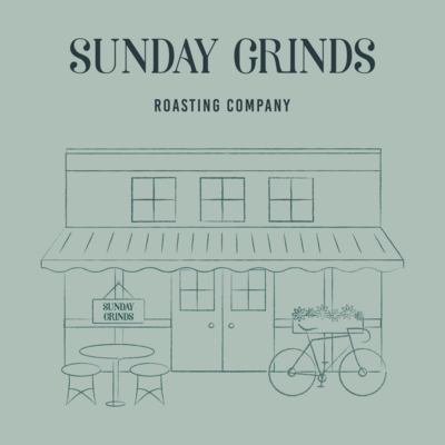 Sunday Grinds branding and coffee shop illustration.