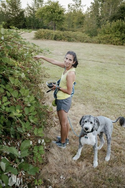 Woman picks blackberries while her dog stands behind her