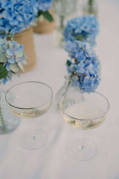 Spanish Wedding Villas | A pair of coupe glasses full of champagne amongst blue hydrangea floral arrangements at a destination wedding in Spain. Captured by Caitlin Wilcox Photography, a luxury wedding photographer for destination weddings in Spain.