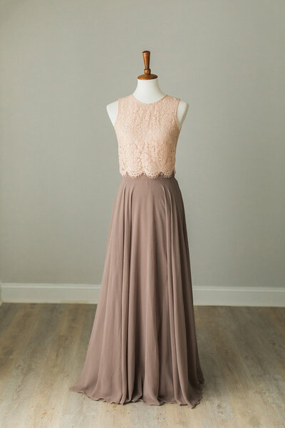 dusty purple skirt with pink lace top by BHLDN