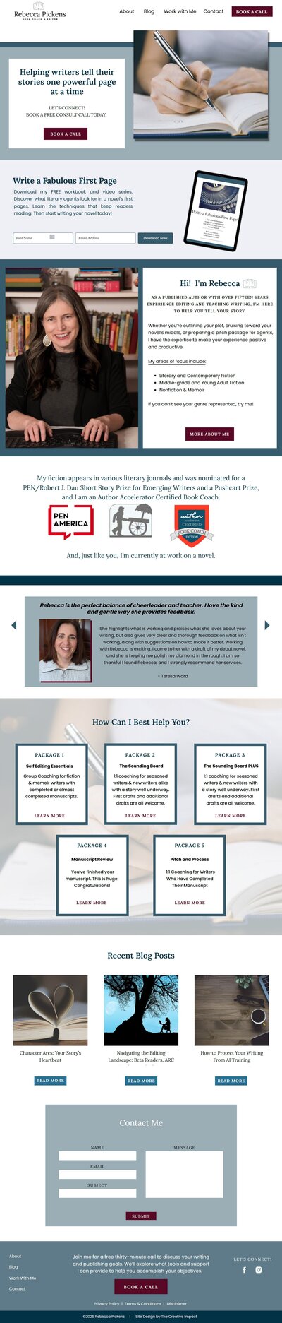 Rebecca Pickens above the fold homepage screenshot mockup on mac