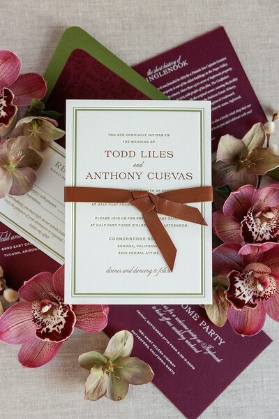 Leather twine wedding invitations with plum and moss