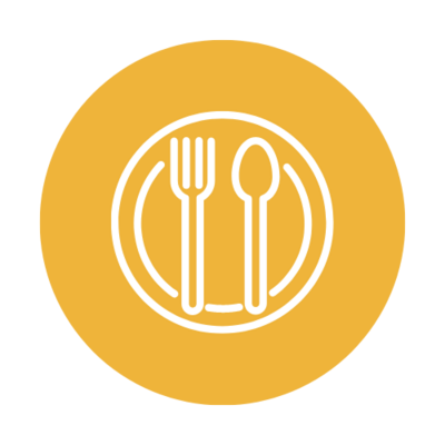 yellow and white icon of fork, spoon, and a plate in a yellow circle