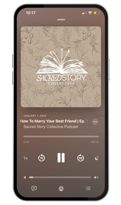 image of sacred story collective podcast being listened to on the apple podcast app on an iphone.
