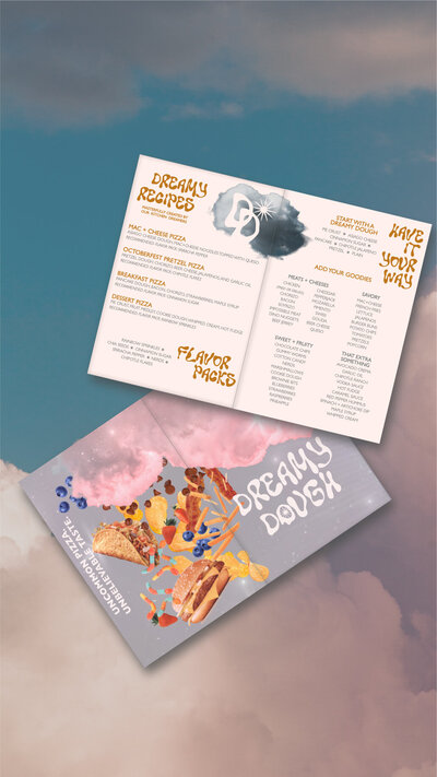 cloudy sky overlayed with a mockup of the dreamy dough pizzeria menu