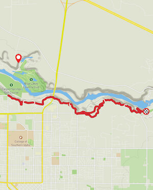 A detailed map of a hiking route along the Snake River and the location of the Perrine Hideaway cabin rental.