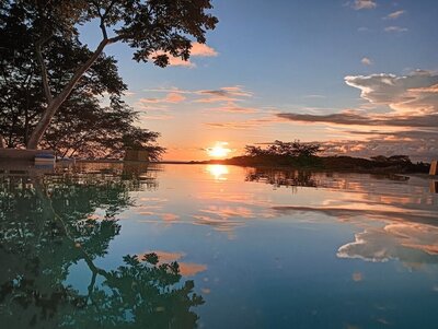 Golden sunset reflecting across the calm surface of an infinity pool at Casa Chango, surrounded by treetops and tropical skies in Puerto Escondido, Mexico.