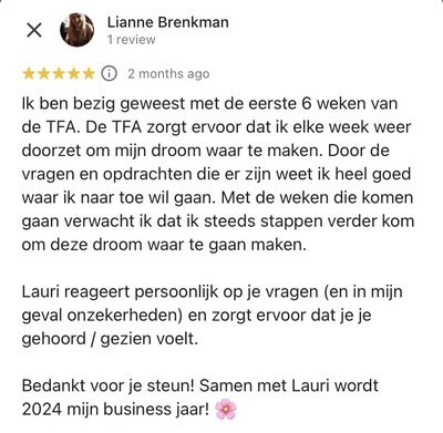 Een deelnemer deelt zijn succesverhaal na het volgen van de Online Business Academy, onder begeleiding van Lauri Miriam, waarbij persoonlijke en zakelijke groei centraal staan.