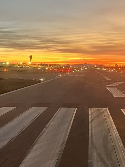 Sunset on the runway at the airport