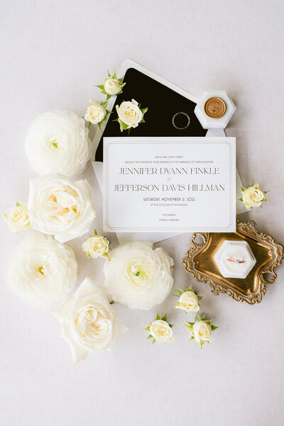 A Black and white invitation suite by Dana Osborne Design. Photo by Anna Brace, a photographer who specializes in Des Moines Wedding Photography.