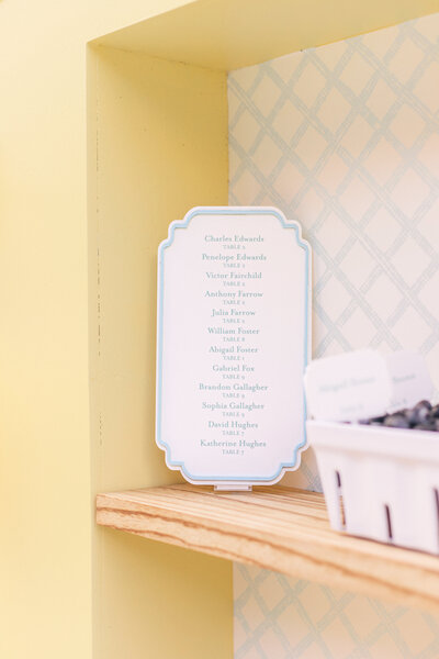 Close-up of the ‘Berry Much In Love’ wedding seating chart with soft yellow backdrop and personalized guest table signage by Cove Mill Design Co.