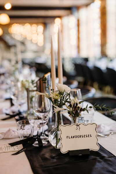 Black and white chic wedding table decor at Roberta’s in Dublin, Ireland