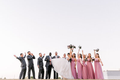 wedding party cheers on a hilltop in Lincoln