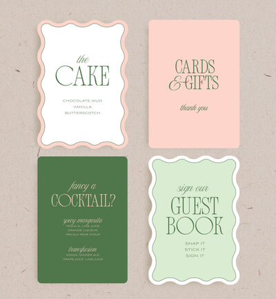 4 options for small signage for your wedding, cake sign, gifts sign, guest bok sign, memory sign