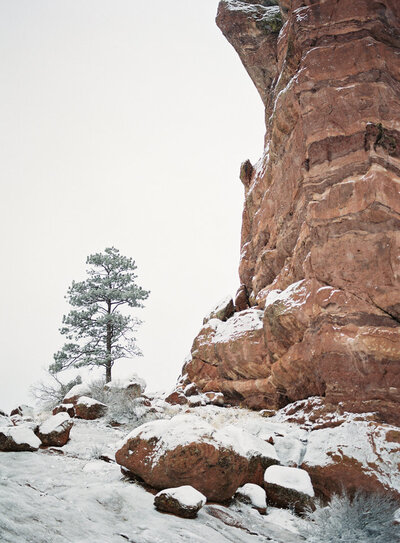 red rocks in denver covered in snow